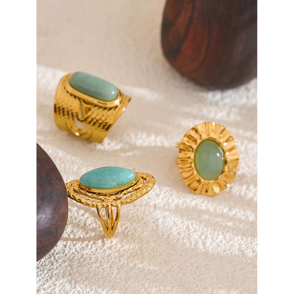 Green Natural Stone Fashion Open Ring Adjustable Stainless Steel Golden Geometric Daily Statement Jewelry Accessories Gift