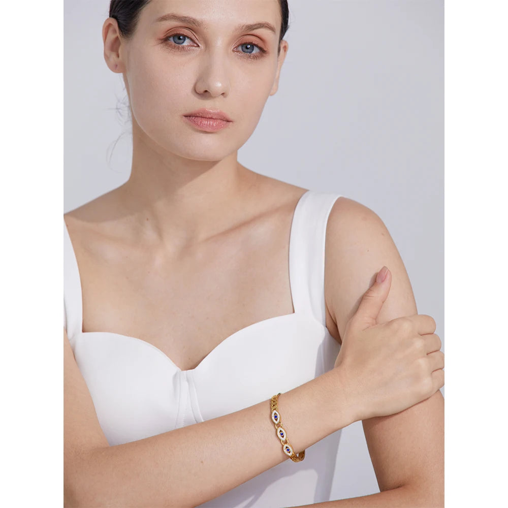 Charm Turkish Evil Eye Stainless Steel Statement Bangle Bracelet Trendy Fashion Zircon Waterproof Gold Color Jewelry