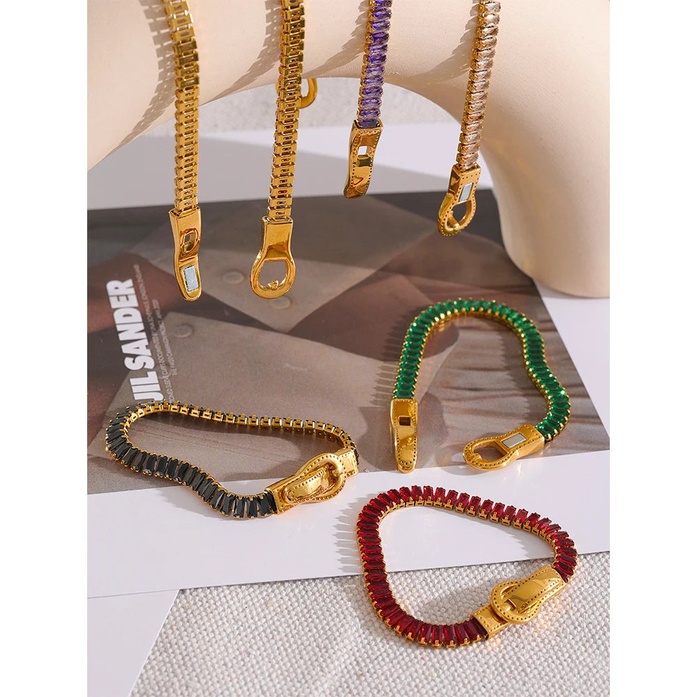 Luxury Colorful Cubic Zirconia Stainless Steel Belt Buckle Bracelet Bangle Bling Stylish Unique Waterproof Fashion Jewelry