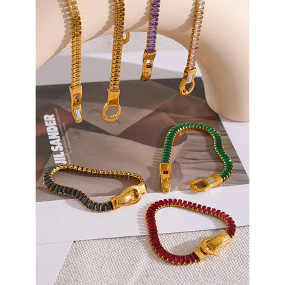Luxury Colorful Cubic Zirconia Stainless Steel Belt Buckle Bracelet Bangle Bling Stylish Unique Waterproof Fashion Jewelry