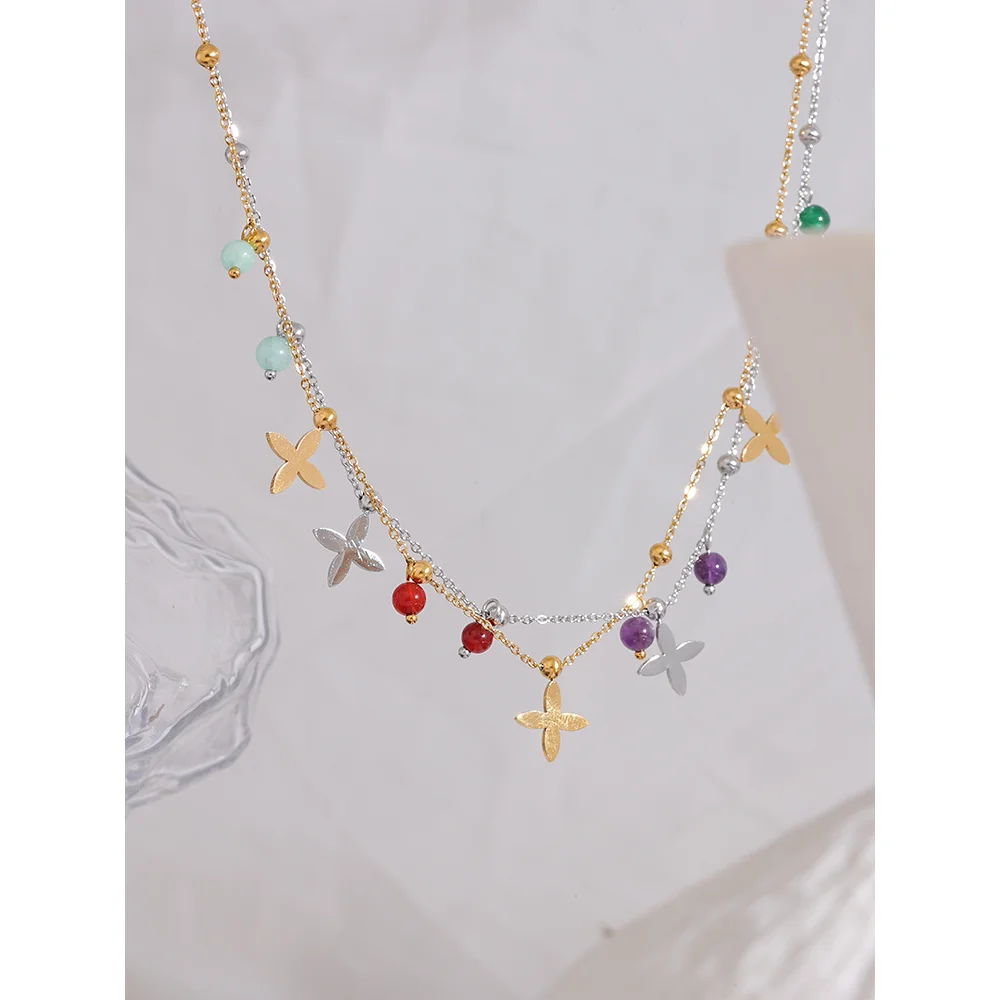 Colorful Waterproof Natural Stone Flower Drop Stainless Steel Chain Aesthetic Necklace Fashion Collar Jewelry for Women