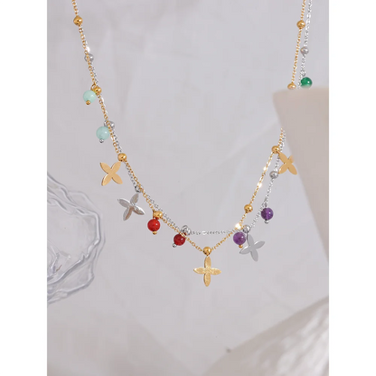 Colorful Waterproof Natural Stone Flower Drop Stainless Steel Chain Aesthetic Necklace Fashion Collar Jewelry for Women