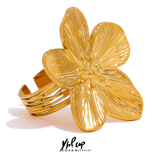Waterproof 18K Gold Color Stainless Steel Flower Big Open Ring for Women Trendy Fashion Party Summer Statement Jewelry