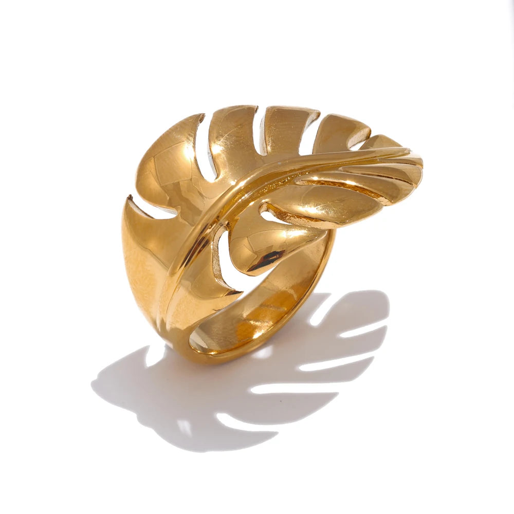 Stylish Design Stainless Steel Metal Leaf Leaves Open Ring Rust Proof Individualistic Fashion Jewelry Water Resistant Gift