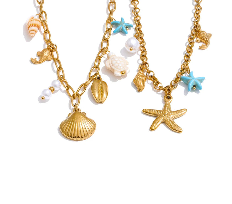 Ocean Style Starfish Shell Pendant Handmade Necklace Bracelet Summer Vacation Stainless Steel Jewelry Waterproof