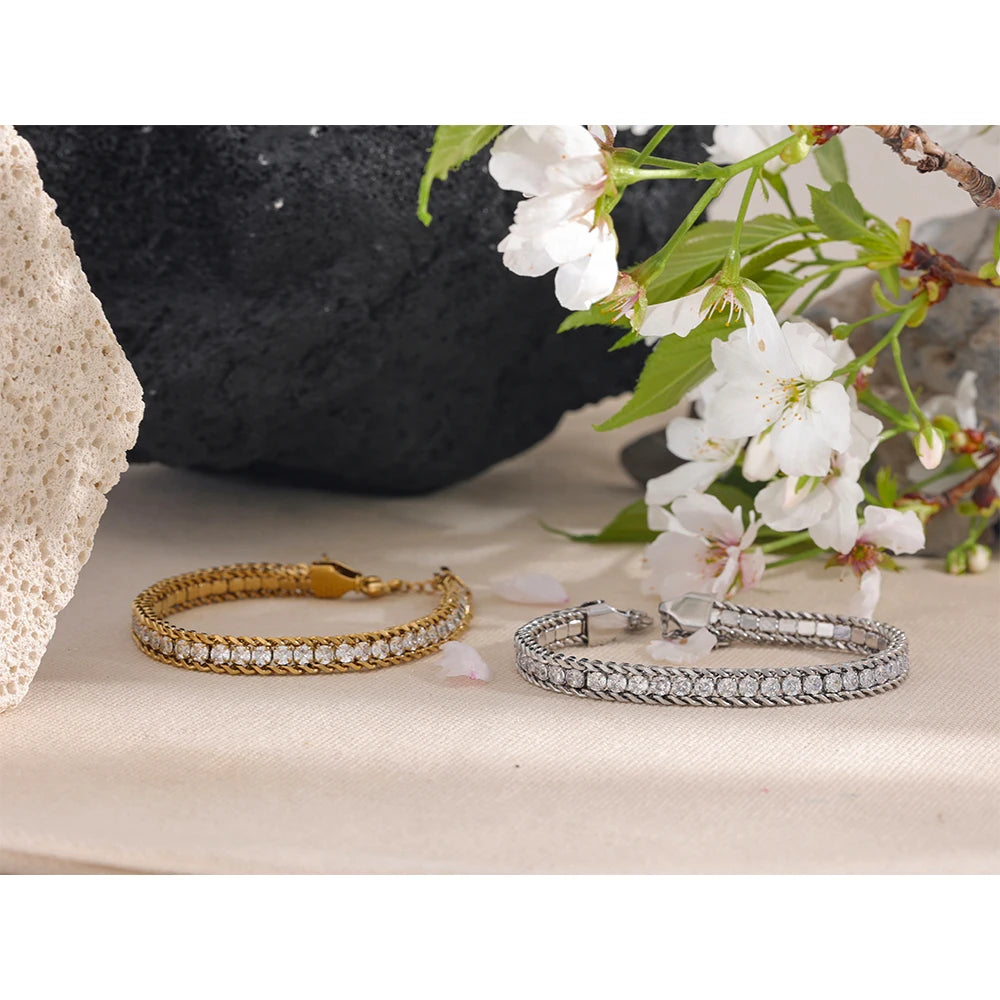 Shiny Cubic Zirconia Stainless Steel Chain Gold Color PVD Plated Bracelet Bangle for Women High Quality Jewelry Waterproof