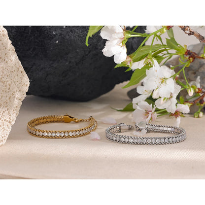 Shiny Cubic Zirconia Stainless Steel Chain Gold Color PVD Plated Bracelet Bangle for Women High Quality Jewelry Waterproof