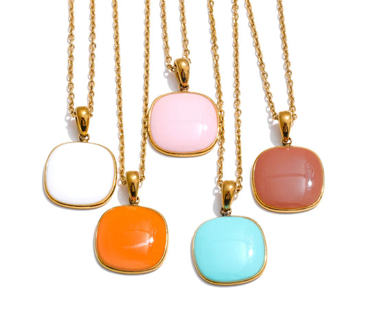 Candy Color Sweet Square Pendant Necklace Stainless Steel Gold Color PVD Plated Basic Fashion Jewelry for Women for Girl