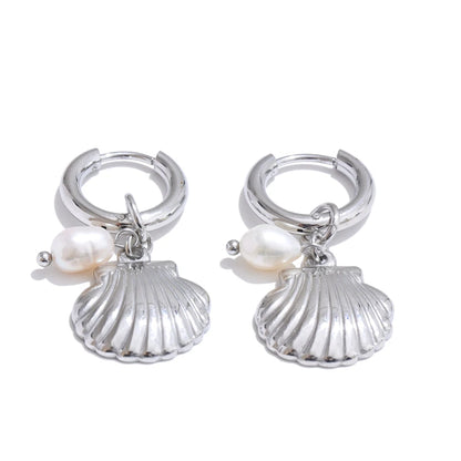 Ocean Style Natural Pearl Conch Shell Starfish Drop Summer Hoop Earrings for Women Stainless Steel Holiday Daily Jewelry