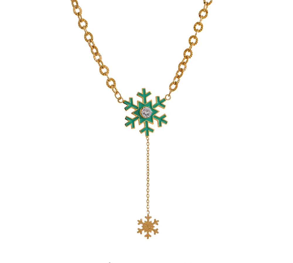 Christmas Green Enamel Snowflake Chic Fashion Season Necklace Waterproof Jewelry for Women Gift