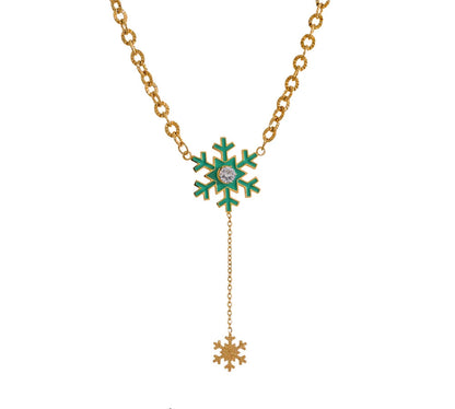 Christmas Green Enamel Snowflake Chic Fashion Season Necklace Waterproof Jewelry for Women Gift