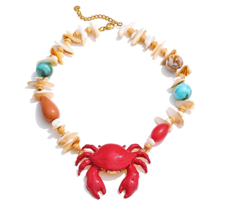 2025 New Handmade Ocean Style Shell Resin Stone Red Crab Pendant Necklace Summer Beads Statement Charm Jewelry
