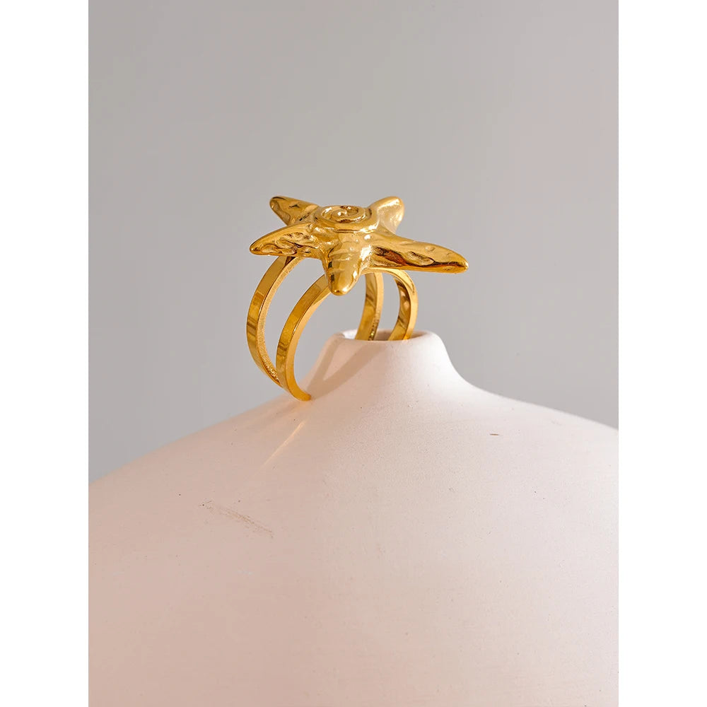 316L Stainless Steel Starfish Open Ring Adjustable 18K Gold PVD Plated Metal Summer Personalized Jewelry for Holiday