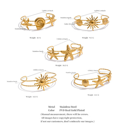 Ocean Series Golden PVD Starfish Shell Sun Cuff Bracelet Open Wrist Jewelry Stainless Steel Bangle for Summer Holiday