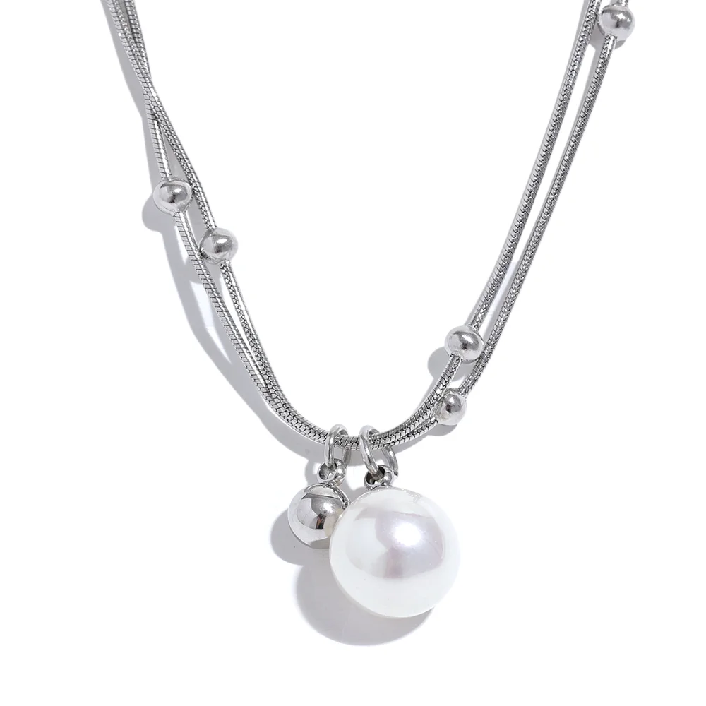 Elegant Imitation Pearls Stainless Steel Round Beads Chain Pendant Necklace for Women Gold Silver Color Korean Jewelry