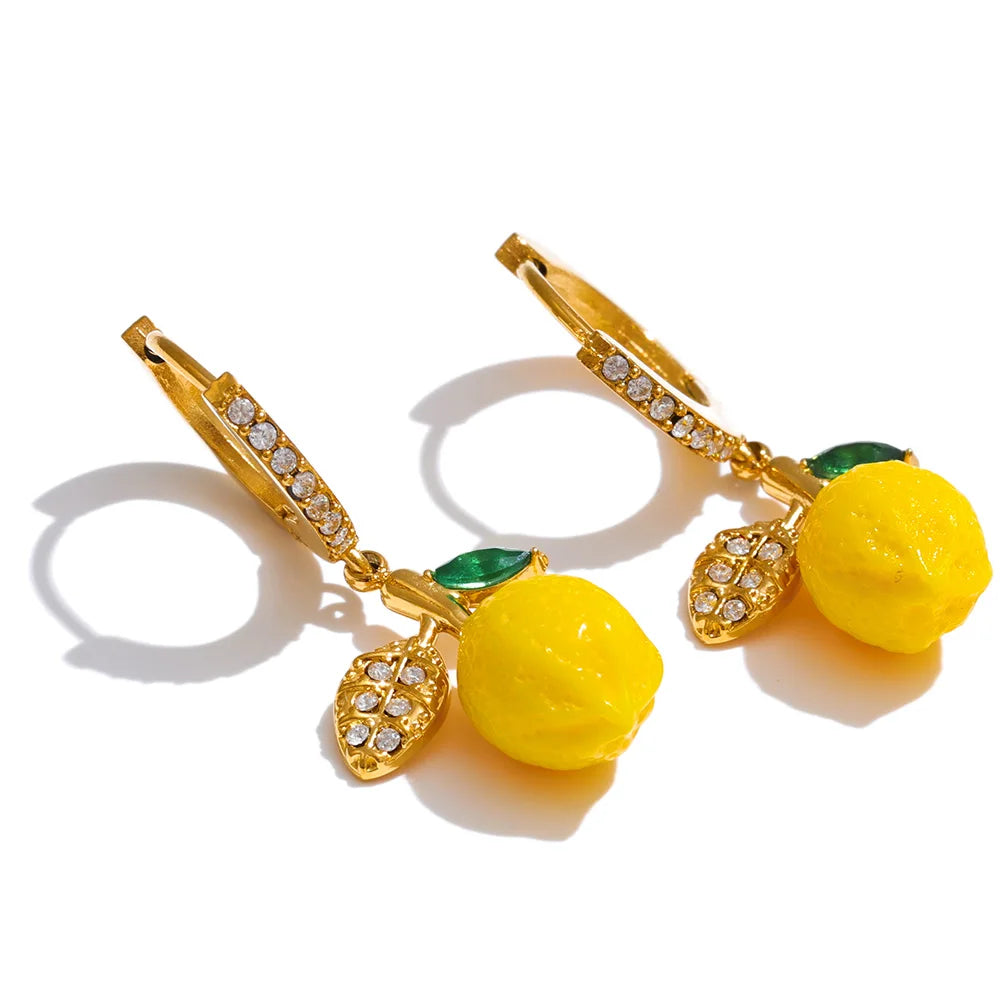 Fashion Yellow Resin Zirconia Fruit Lemon Dangle Earrings for Women Stainless Steel Arrivals Chic Jewelry Wholesale