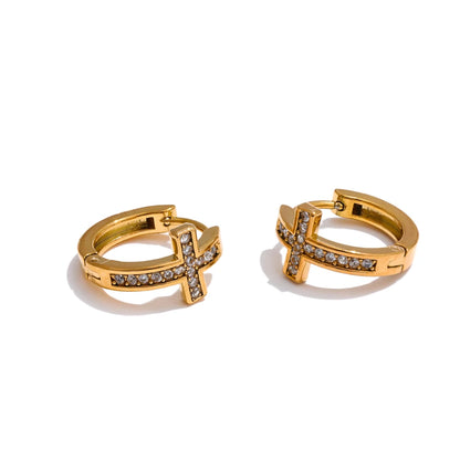 High Quality Cubic Zirconia Cross Hoop Earrings Versatile Daily Stainless Steel Arrivals Charm Jewelry Gift