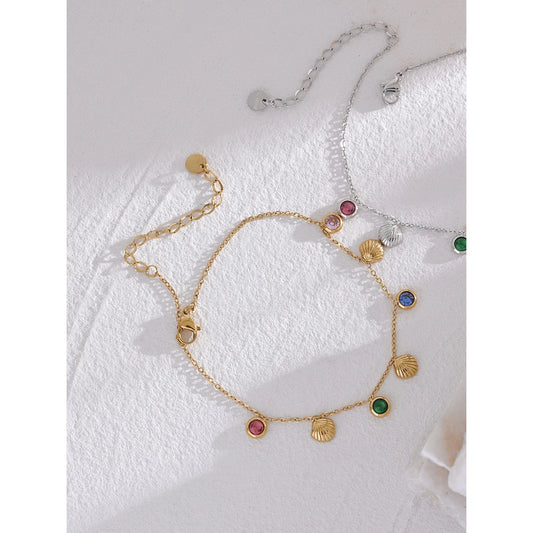 Colorful Shiny Cubic Zirconia Shell Stainless Steel Summer Anklet Fashion Trendy Foot Chain Jewelry for Women Bijoux Femme