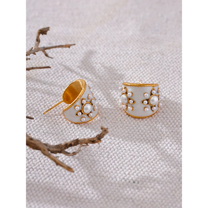 Exquisite Imitation Pearls White Enamel Metal Stainless Steel Flower Geometric Earrings Chic Daily Fashion Jewelry New