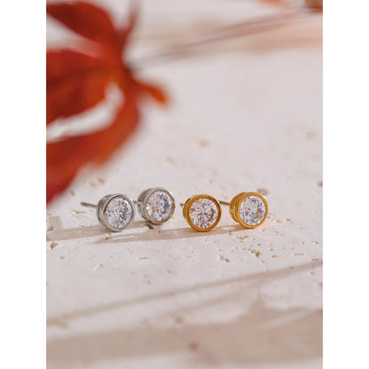High-Grade AAA Shiny Cubic Zirconia Round Stud Earrings Luxury Stainless Steel Daily Premium Jewelry Accessories