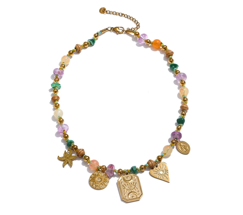Arrivals Handmade Jewelry Colorful Natural Stone Chain Flower Eye Square Drop Necklace Stainless Steel Waterproof Necklace