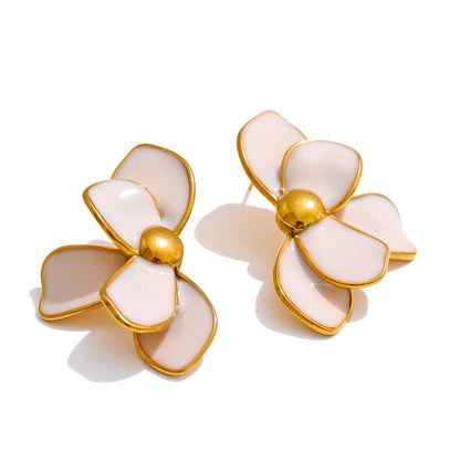 Green Pink Enamel Petal Flower Stud Earrings for Women Stainless Steel Exquisite Spring Summer Daily Trending Jewelry