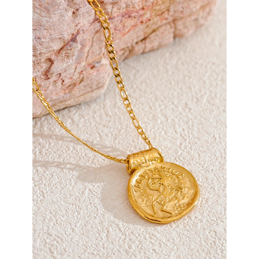 Exclusive Waterproof 12 Constellation Pendant Necklace Stainless Steel Hammered Vintage Golden 18K Plated Fashion Jewelry