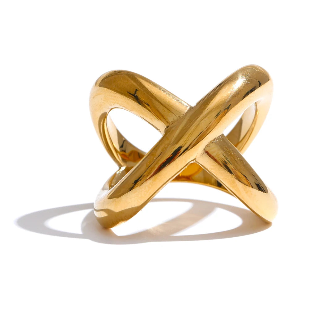 6789# PVD Plated Statement Stainless Steel X-Shape Geometric Finger Ring Waterproof Smooth Metal Handmade Polished Jewelry