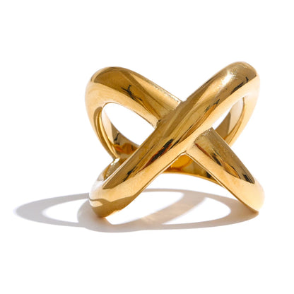 6789# PVD Plated Statement Stainless Steel X-Shape Geometric Finger Ring Waterproof Smooth Metal Handmade Polished Jewelry