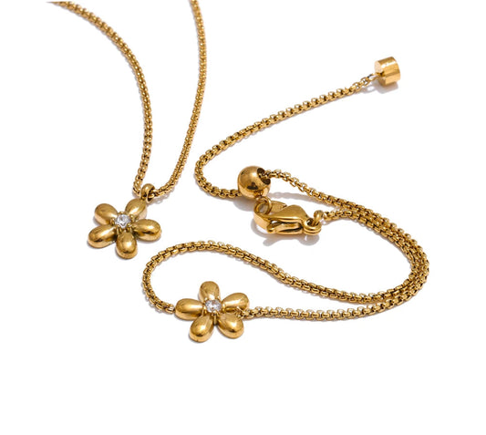 Hot Style Stainless Steel Zirconia Flower Pendant Necklace Bracelet Bangle Earrings 18K Plated Golden Versatile Jewelry