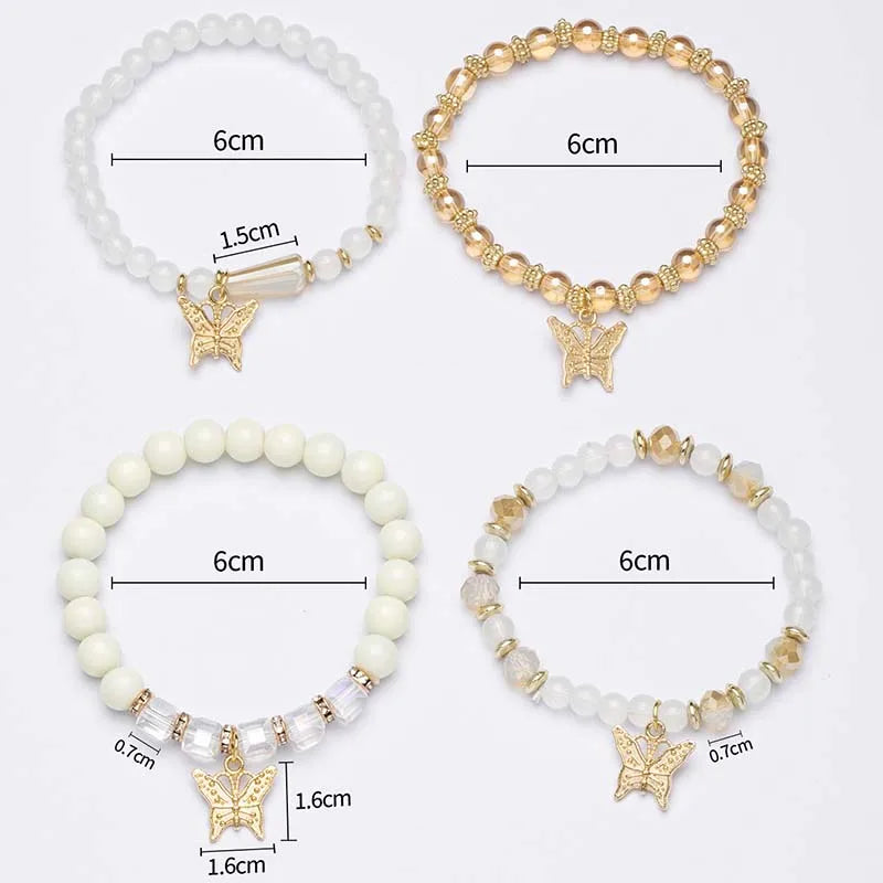 Trendy Butterfly Beaded Bracelet Set For Women Pink Acrylic Beads Elastic Chain Bangle Female Bohemian Party Jewelry Gift