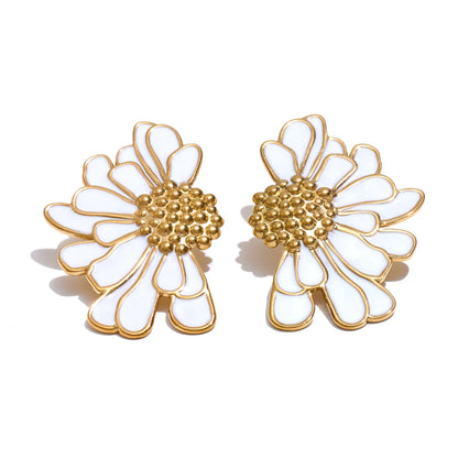 Big White Black Enamel Flower Statement Fashion Stud Earrings 18K Gold Color PVD Plated Stainless Steel Jewelry Gift