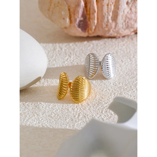 High Quality Stainless Steel Metal Shell Stripe Geometric Open Adjustable Ring Texture Fashion Summer Holiday Jewelry