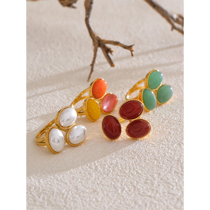 Natural Aventurine Agate Stone Shell Pearl Flower Adjustable Ring Fashion Stainless Steel Charm Finger Jewelry Accessories