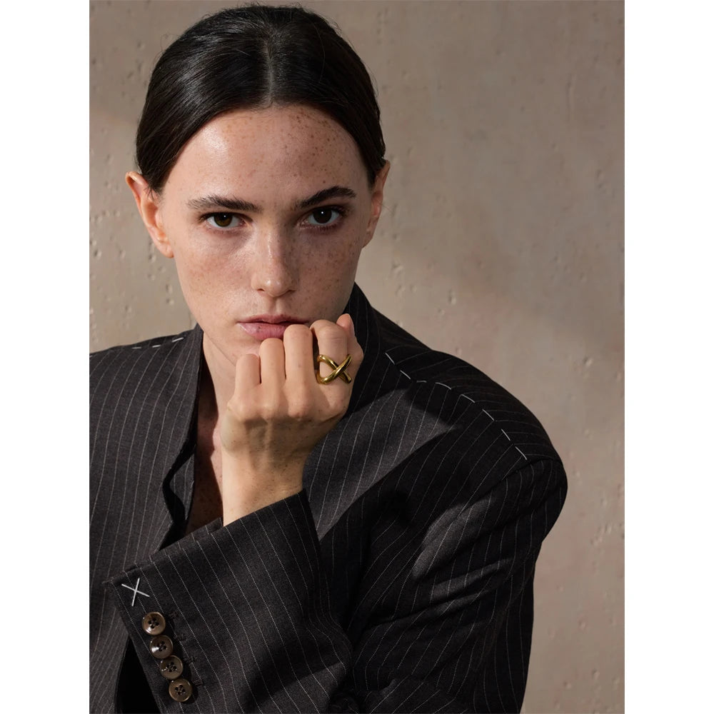 6789# PVD Plated Statement Stainless Steel X-Shape Geometric Finger Ring Waterproof Smooth Metal Handmade Polished Jewelry