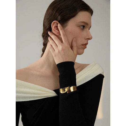 New Glossy Smooth Stainless Steel Wide Geometric Bracelet Bangle Metal Texture 18K Gold PVD Plated Waterproof Jewelry