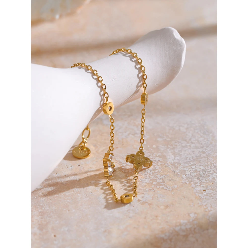 Delicate Cubic Zirconia Flower Chain Thin Bracelet Bangle Stainless Steel Rust Proof Office Ladies Chic Jewelry New Gift