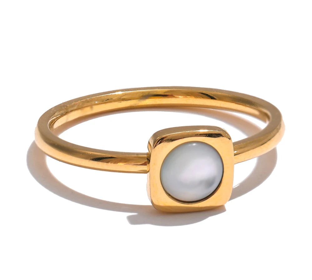 Natural Shell Square Thin Fashion Ring 316L Stainless Steel Gold Color Charm Chic Jewelry 18K PVD Plated Waterproof