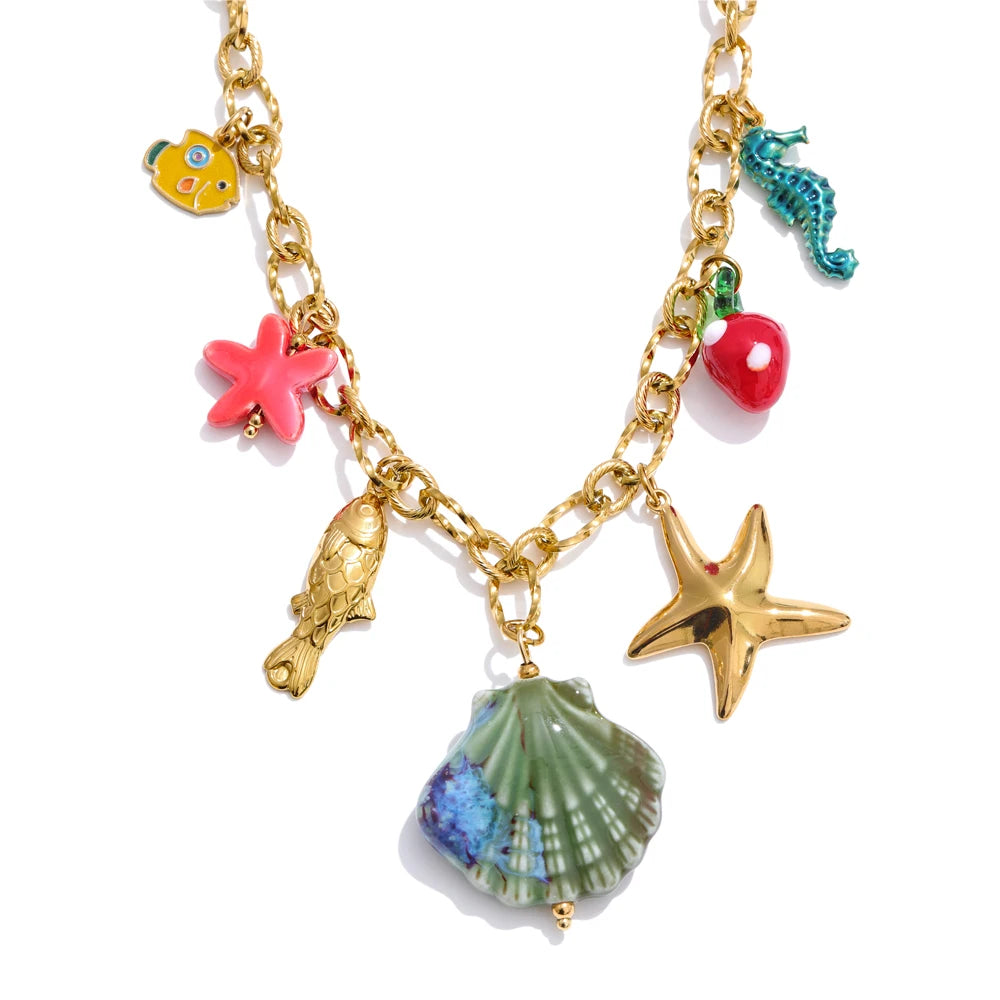 2025 Ocean Style Summer Enamel Ceramic Shell Starfish Pendant Necklace Fashion Trendy Stainless Steel Vacation Jewelry