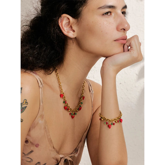 Trendy Stainless Steel Red Enamel Stone Strawberry Drop Charms Necklace Bracelet Hot Style Golden Plated Handmade Jewelry