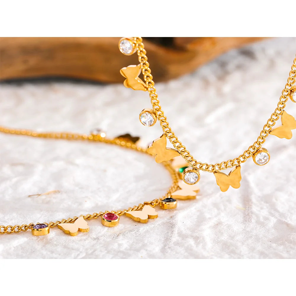 Exquisite Colorful Cubic Zirconia Butterfly Drop Chain Stainless Steel 18K Gold Color Anklet Bracelet Trendy Jewelry