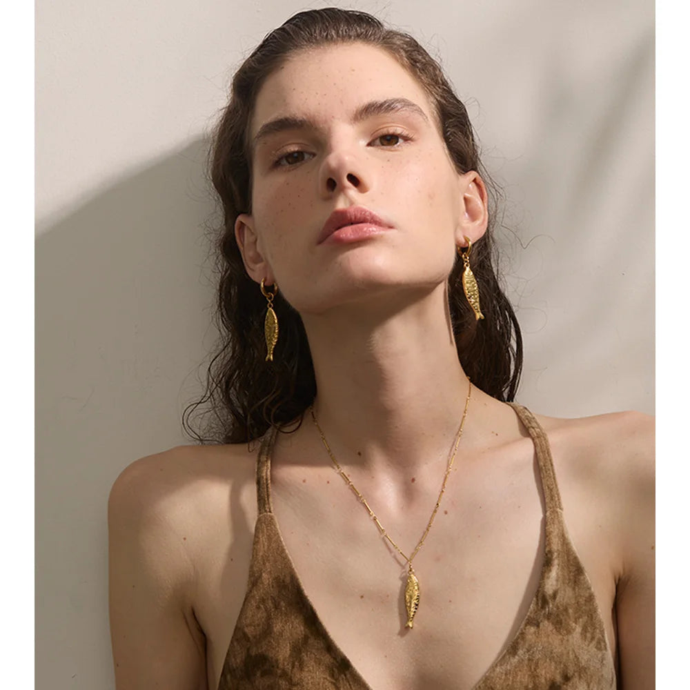 Wholesale Ocean Stainless Steel Metal Fish Pendant Necklace Earrings Rust Proof Golden PVD Plated Trendy Fashion Jewelry