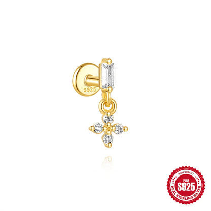 CANNER 1Pc 925 Silver Smooth Stars Moon Stud Earrings For Women 18K Gold Flat Head Threaded Puncture Ear Bone Ins Fine Jewelry