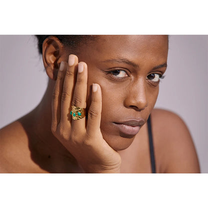 Green Natural Stone Stainless Steel 18k Gold Plated Metal Fashion Wide Ring Charm Texture Waterproof Jewelry for Women