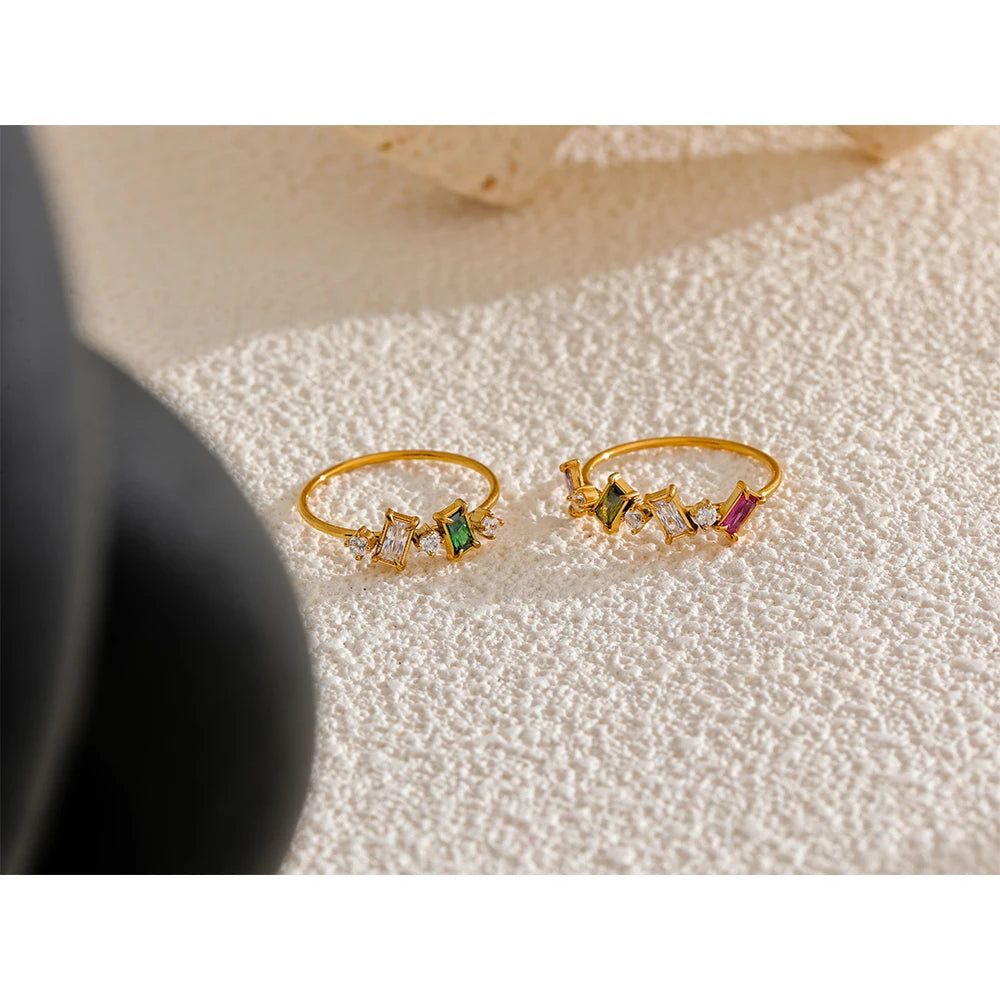 Chic Bling Colorful Cubic Zirconia Thin Fashion Ring Waterproof Stainless Steel Trendy Exquisite Finger CZ Jewelry