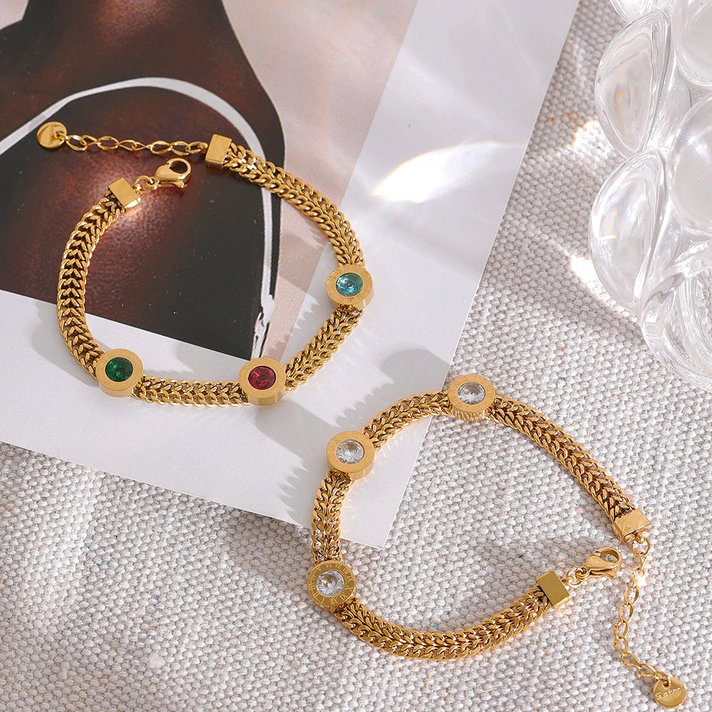 Colorful White Cubic Zircon Stainless Steel Charm Gold Color Cuban Chain CZ Bracelet Bangle Women Trendy Classic Jewelry