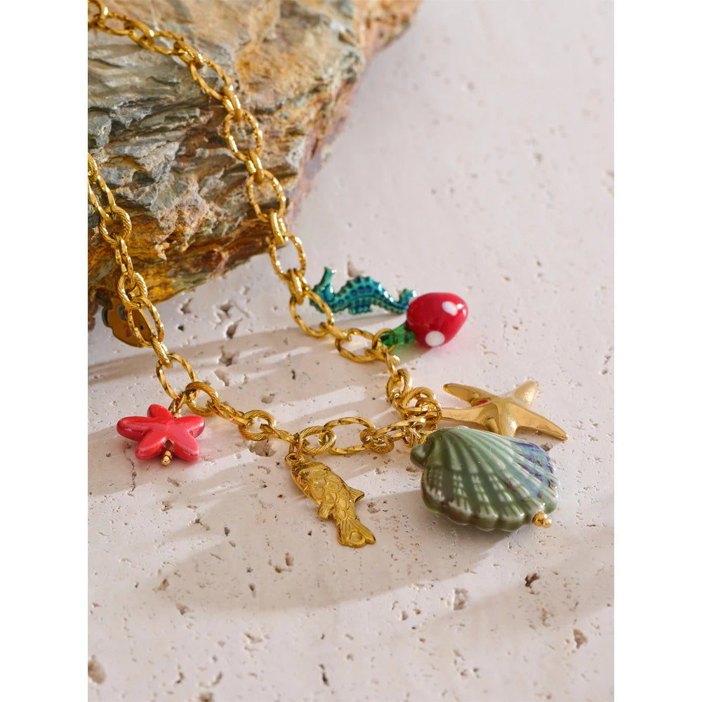 2025 Ocean Style Summer Enamel Ceramic Shell Starfish Pendant Necklace Fashion Trendy Stainless Steel Vacation Jewelry