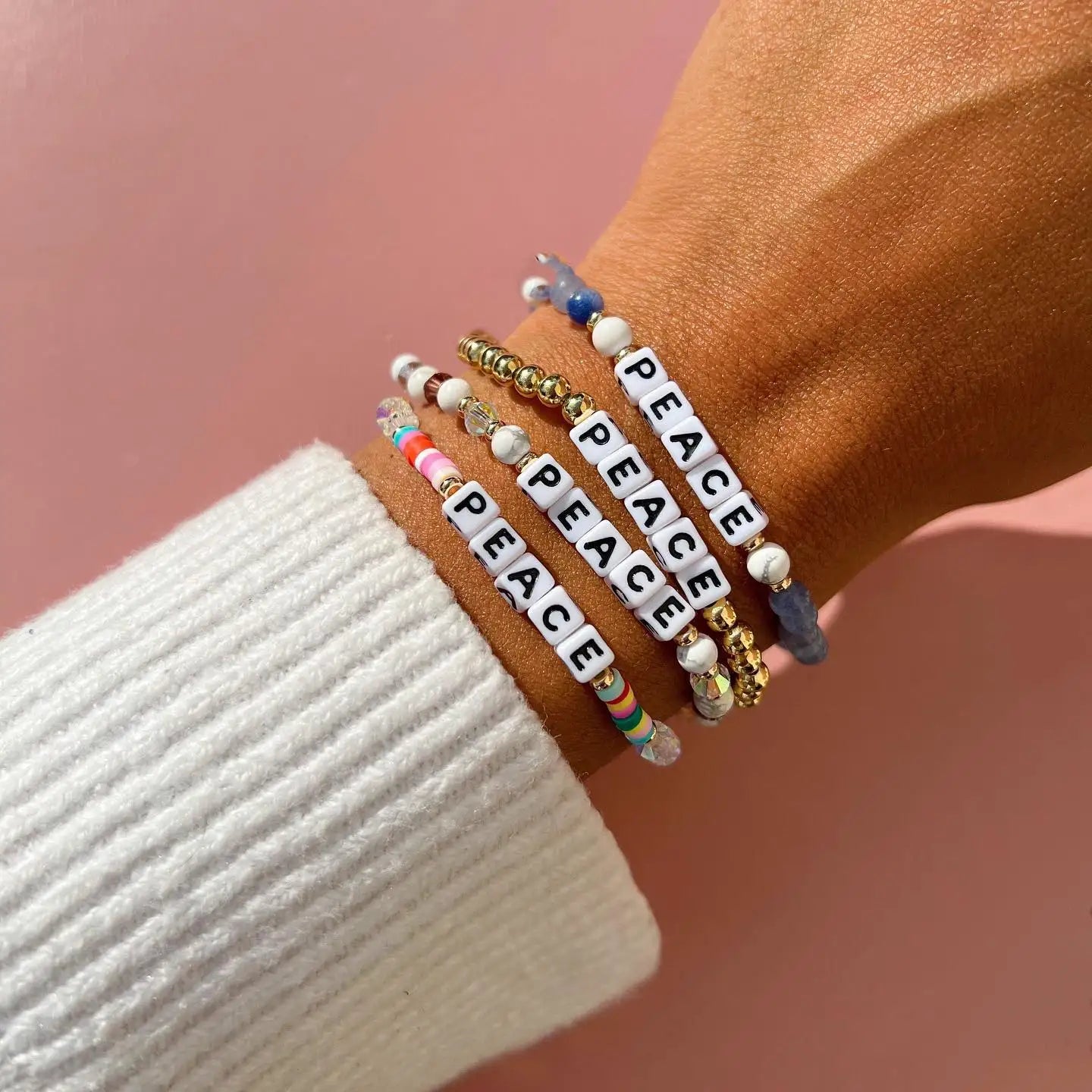 Vlen Custom Name Letter Bracelet Natural Stone Beaded Jewelry for Women Stackable Elastic Adjustable Boho Personalized