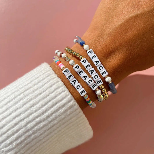 Vlen Custom Name Letter Bracelet Natural Stone Beaded Jewelry for Women Stackable Elastic Adjustable Boho Personalized