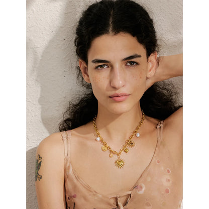 Summer Sun Heart Drop Charms Necklace Trendy Stainless Steel Handmade Collar Golden PVD Jewelry Waterproof for Women